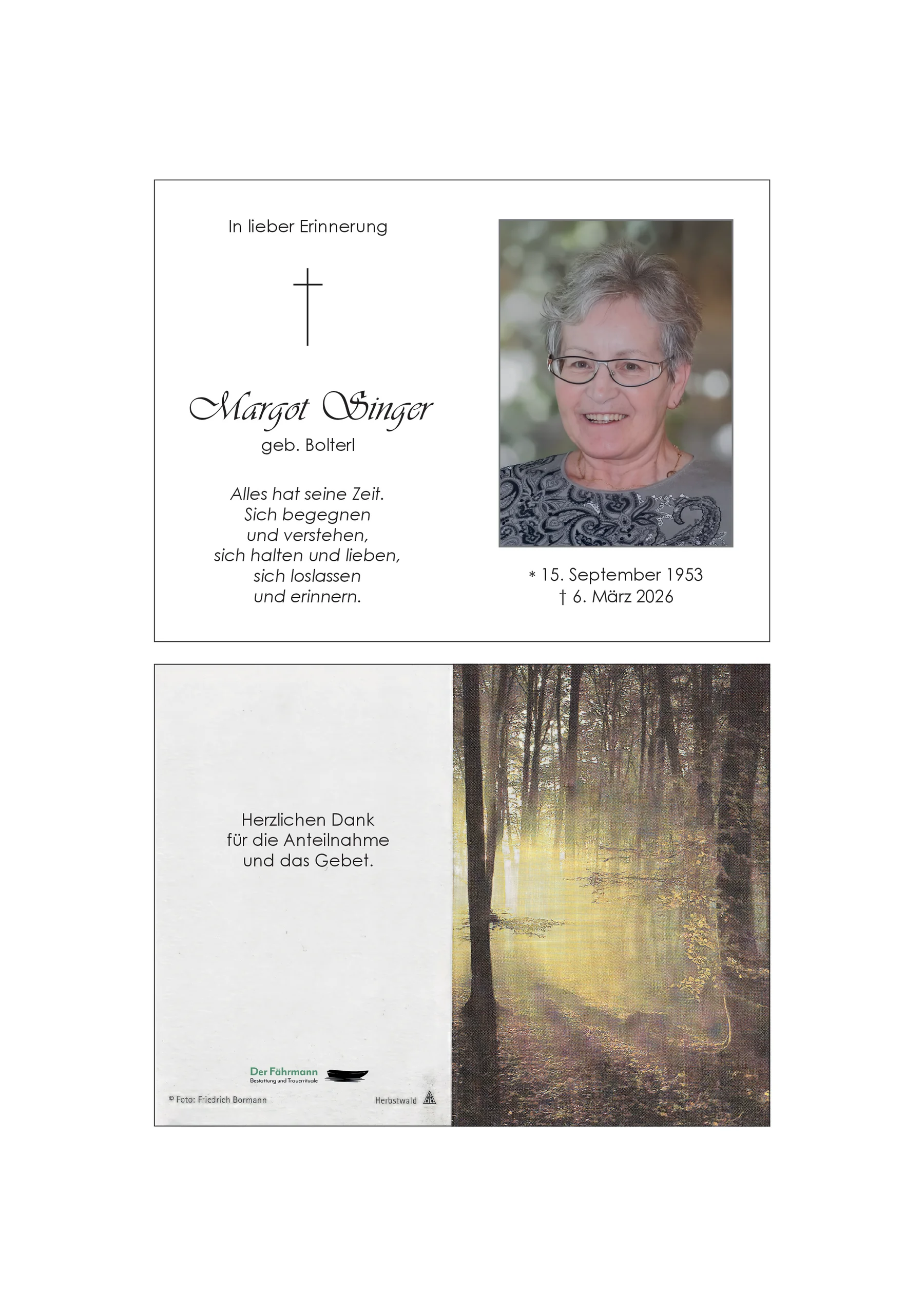 Sterbebild Margot Singer