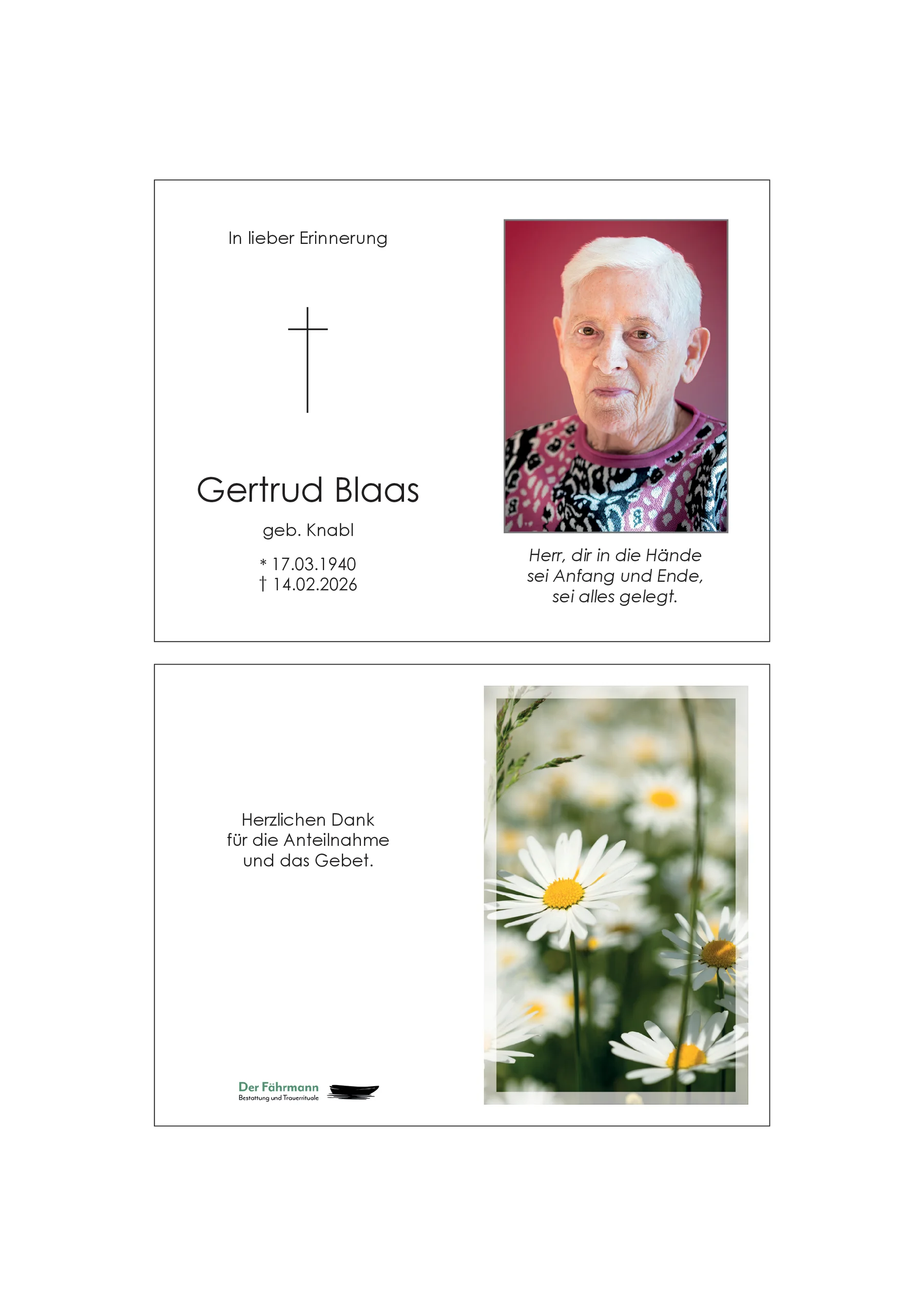 Sterbebild Gertrud Blaas