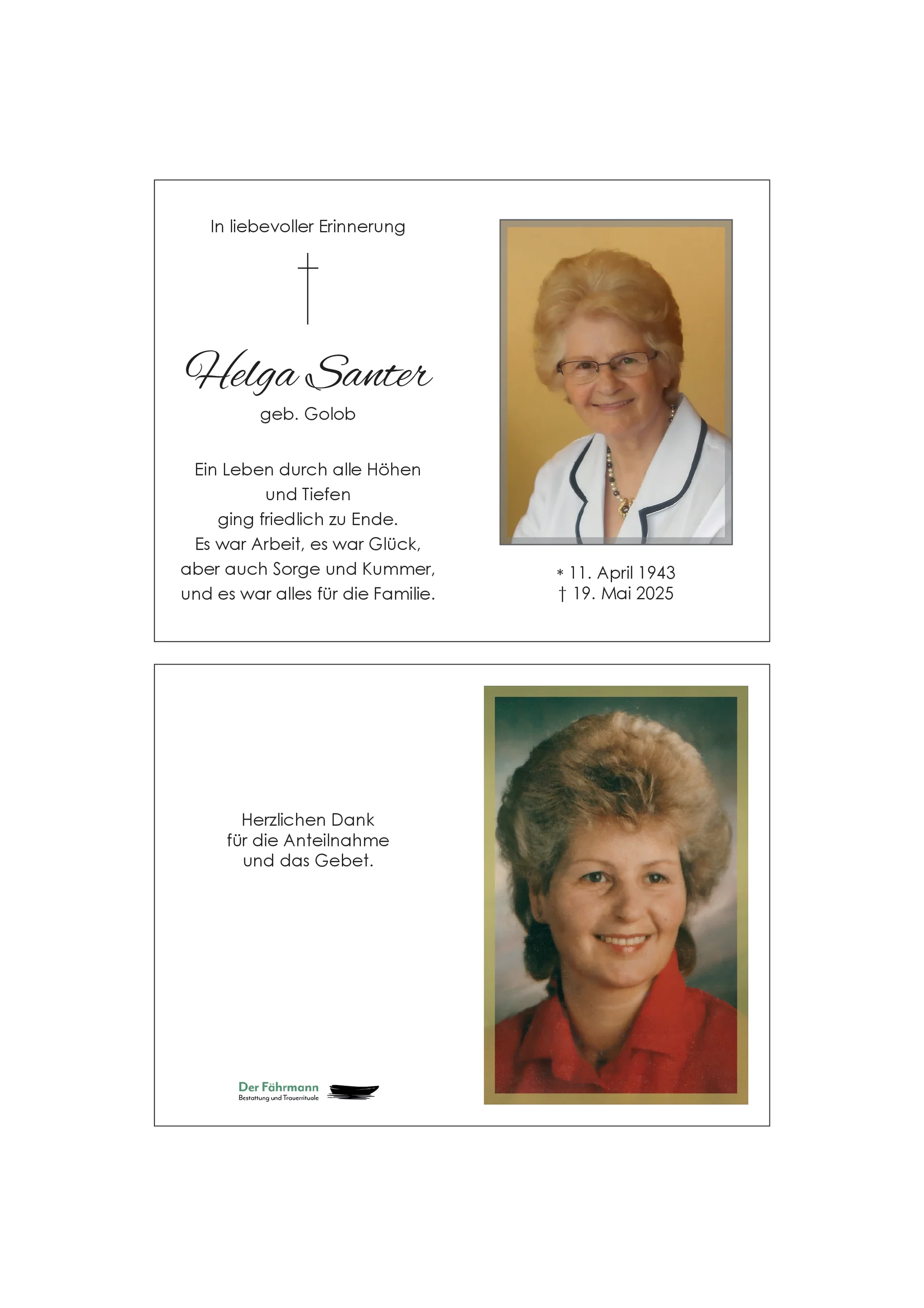 Sterbebild Helga Santer