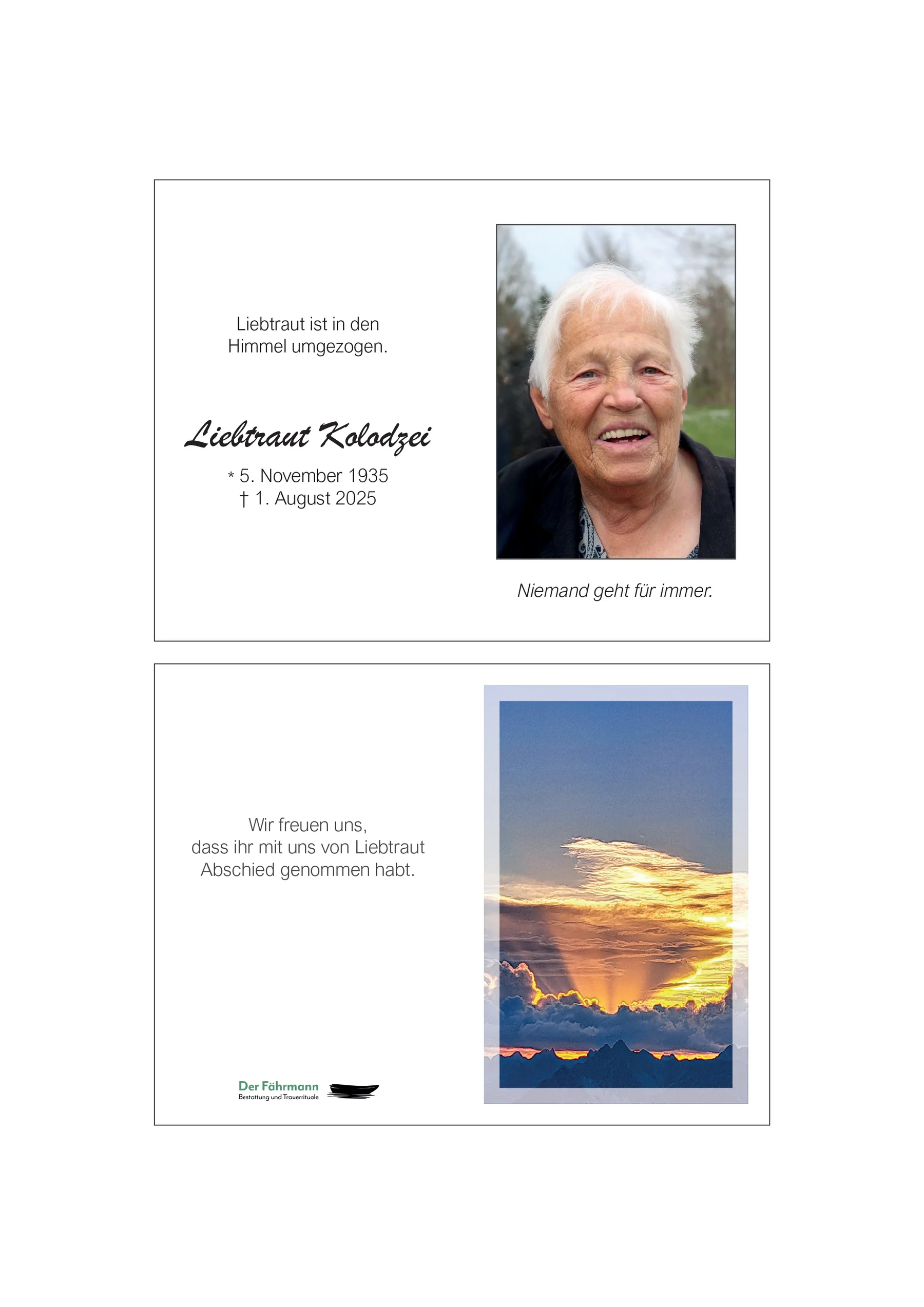 Sterbebild Liebtraut Kolodzei