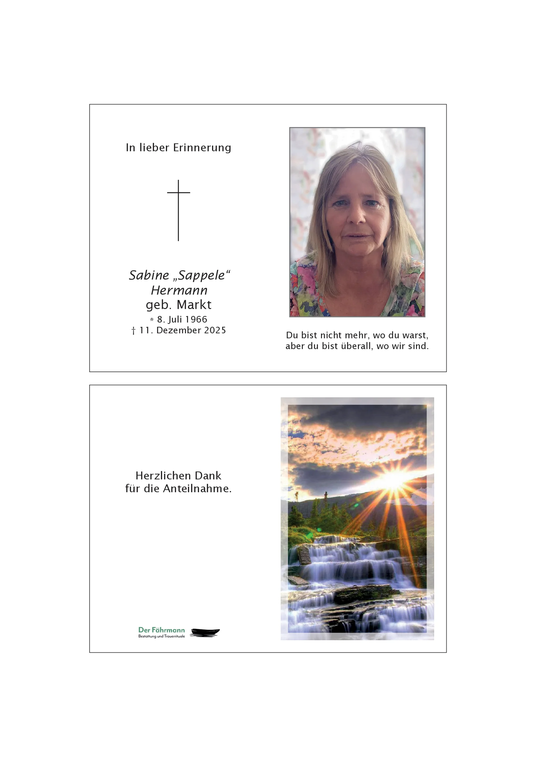 Sterbebild Sabine Hermann