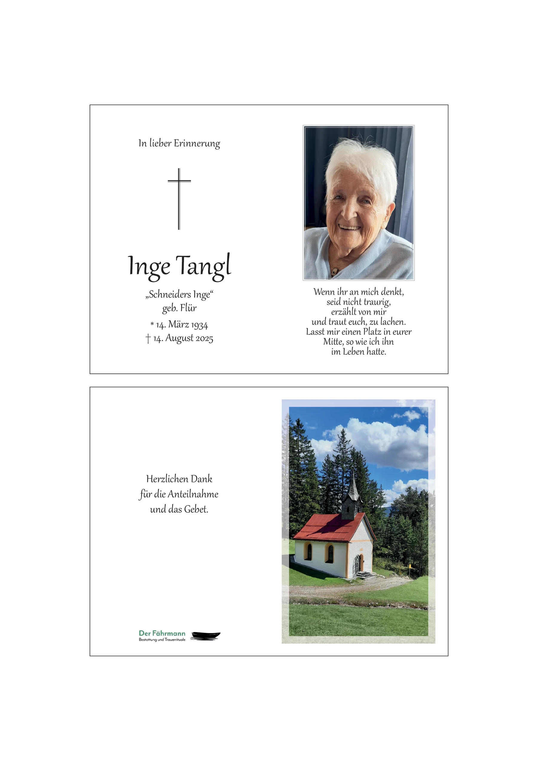 Sterbebild Inge Tangl