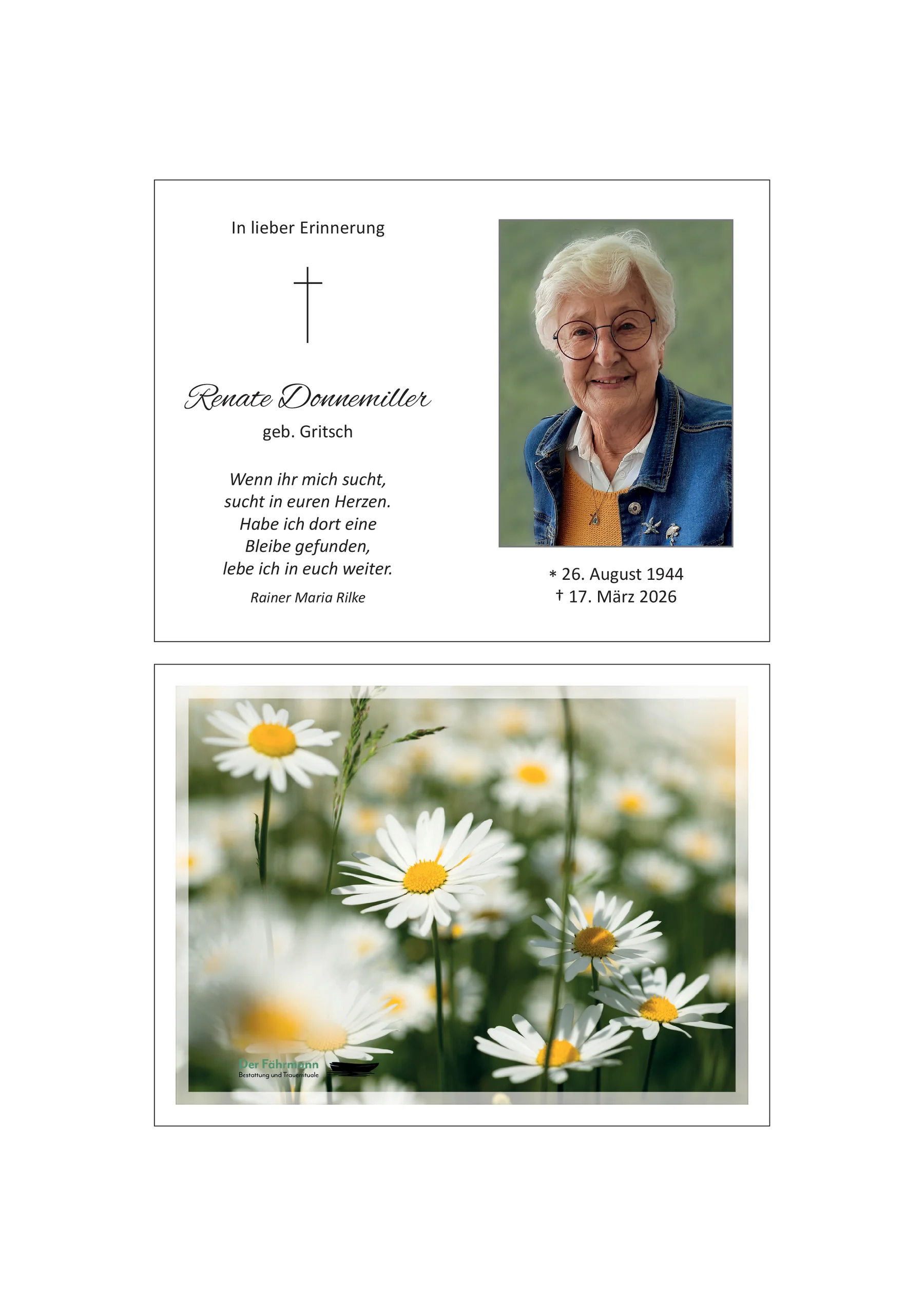 Sterbebild Renate Donnemiller