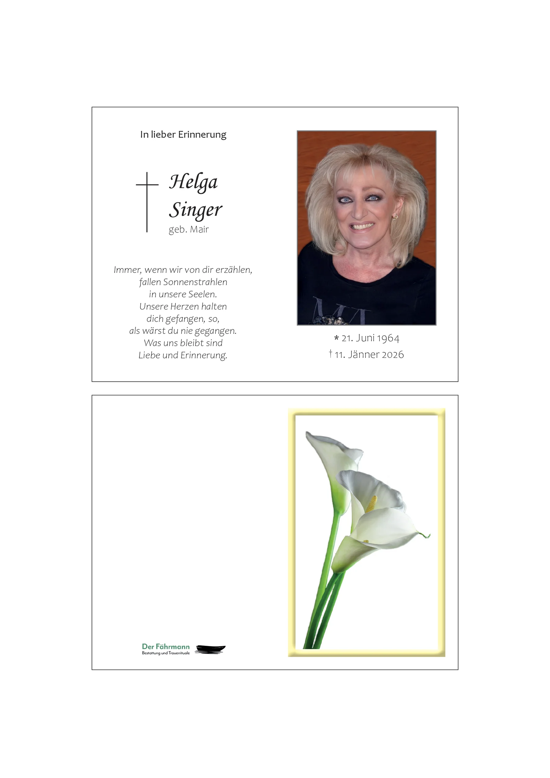 Sterbebild Helga Singer