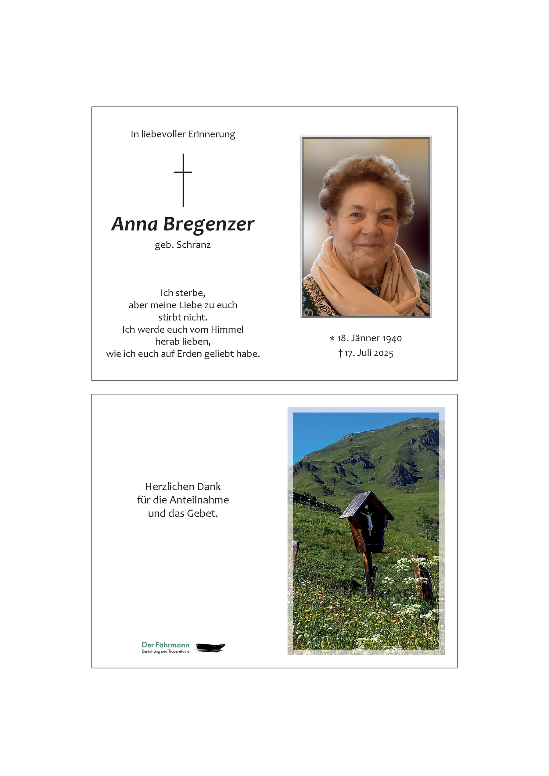 Sterbebild Anna Bregenzer