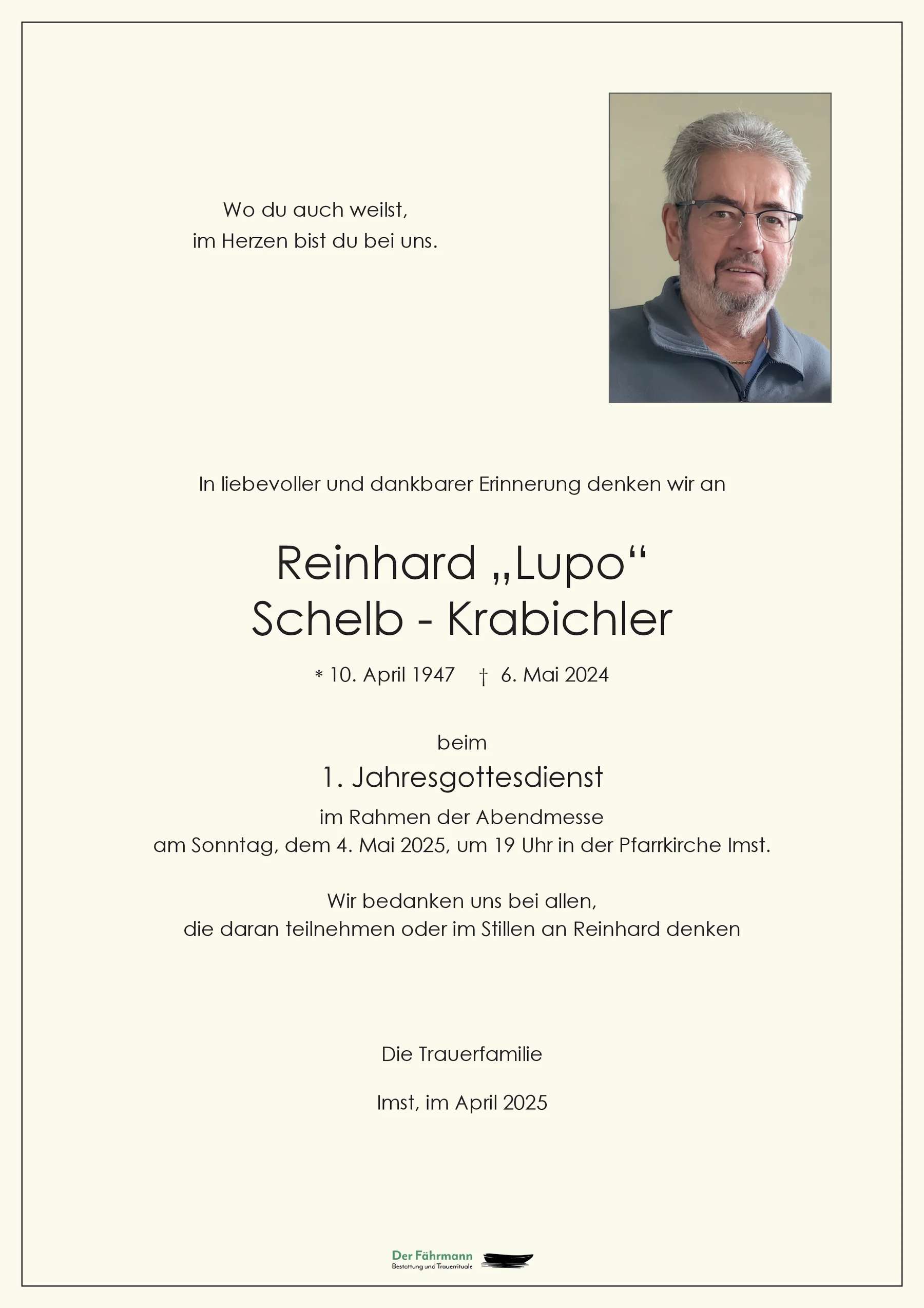 Parte erster Jahrestag Reinhard Schelb-Krabichler