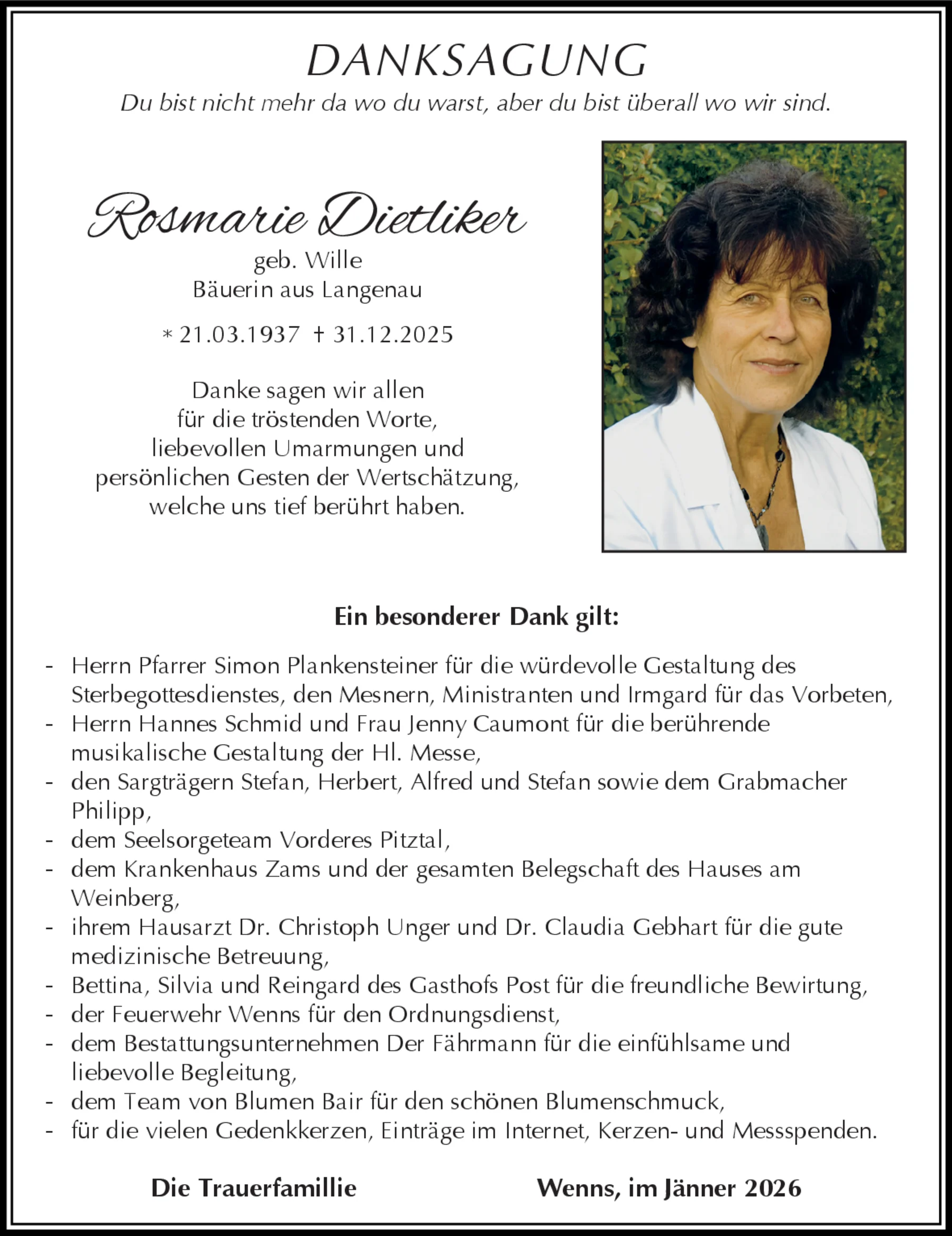 Danksagung Rosmarie Dietliker