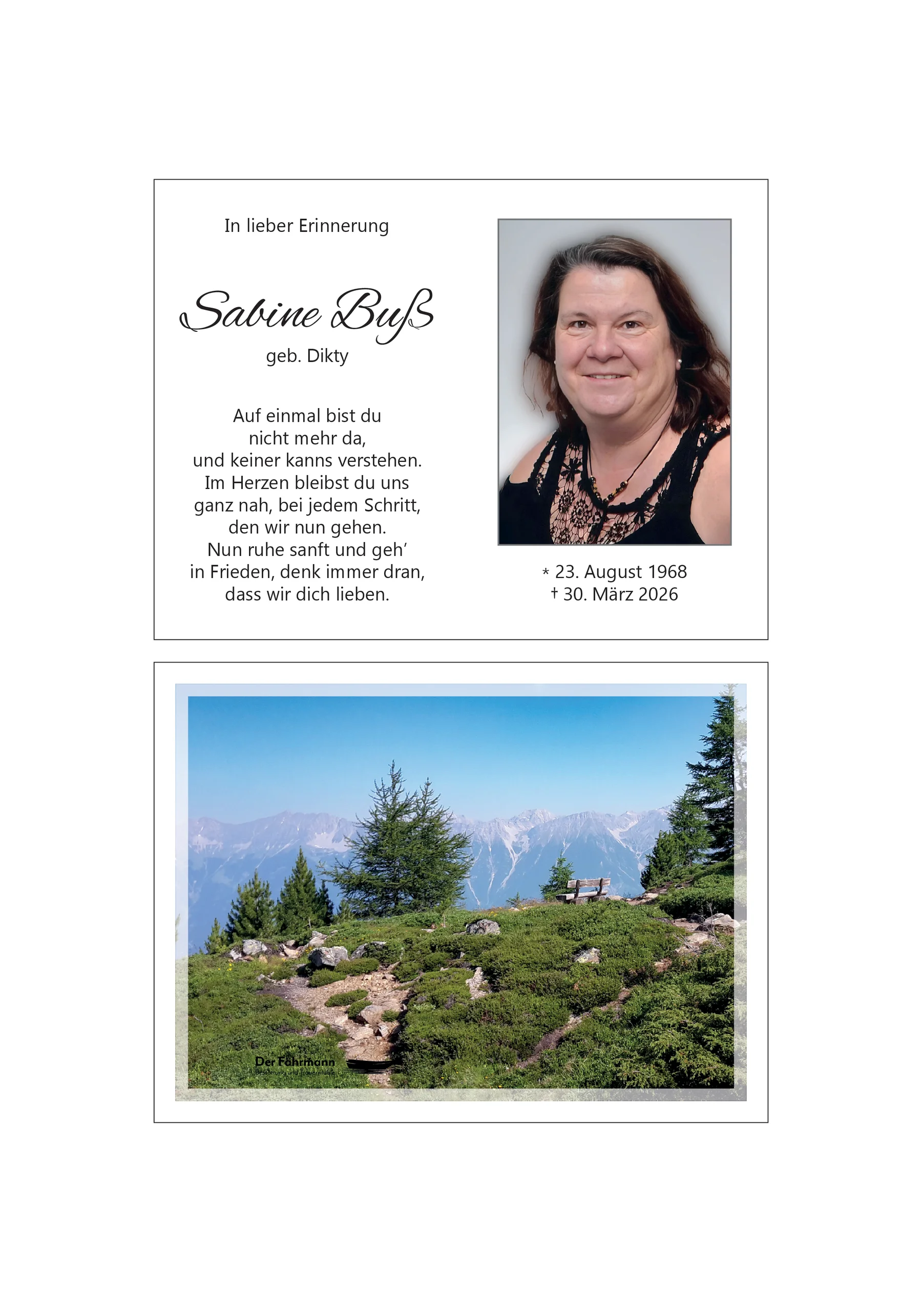Sterbebild Sabine Buß