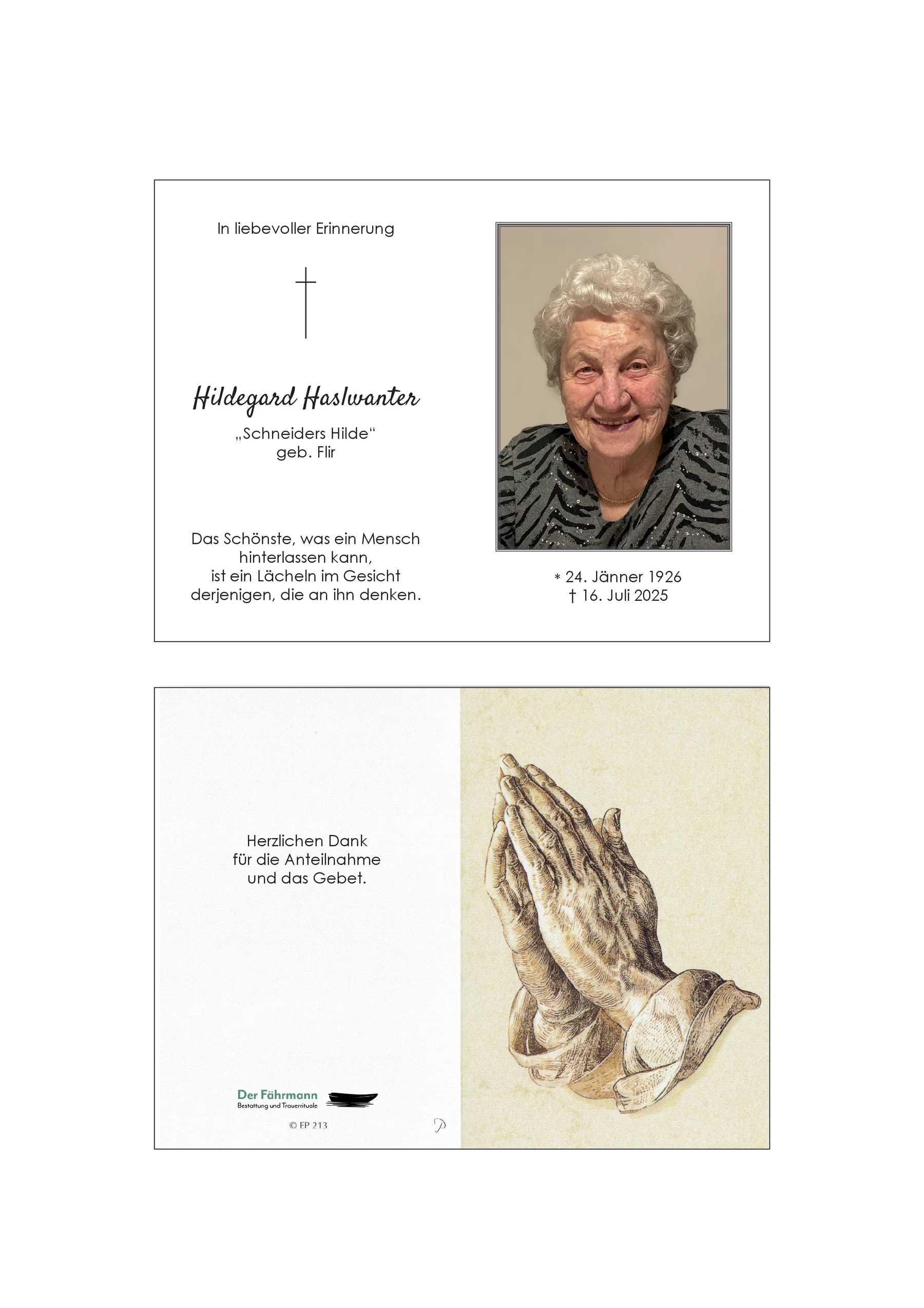 Sterbebild Hildegard Haslwanter