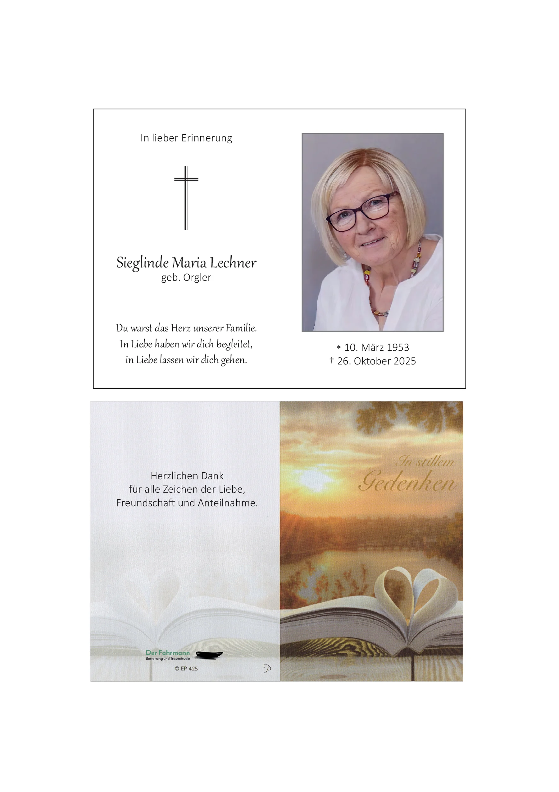 Sterbebild Sieglinde Lechner