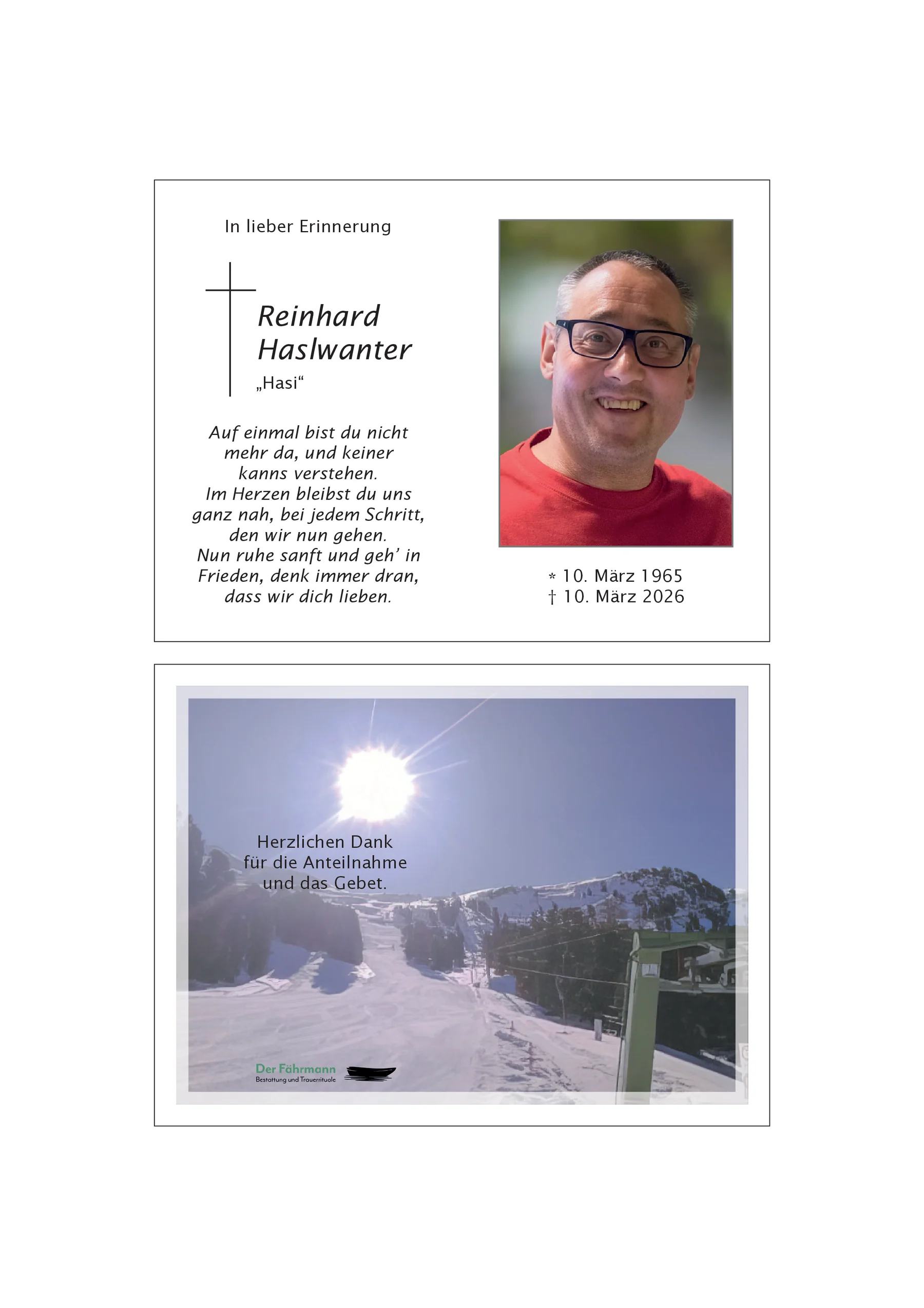 Sterbebild Reinhard Haslwanter