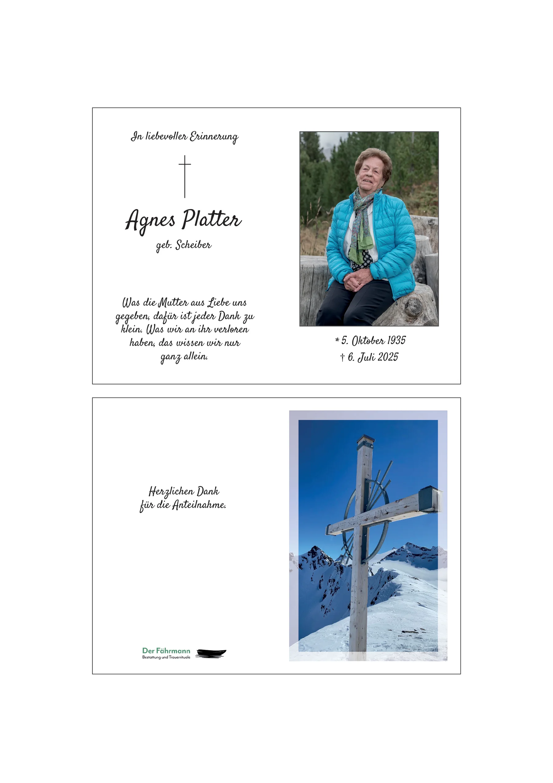 Sterbebild von Agnes Plattner