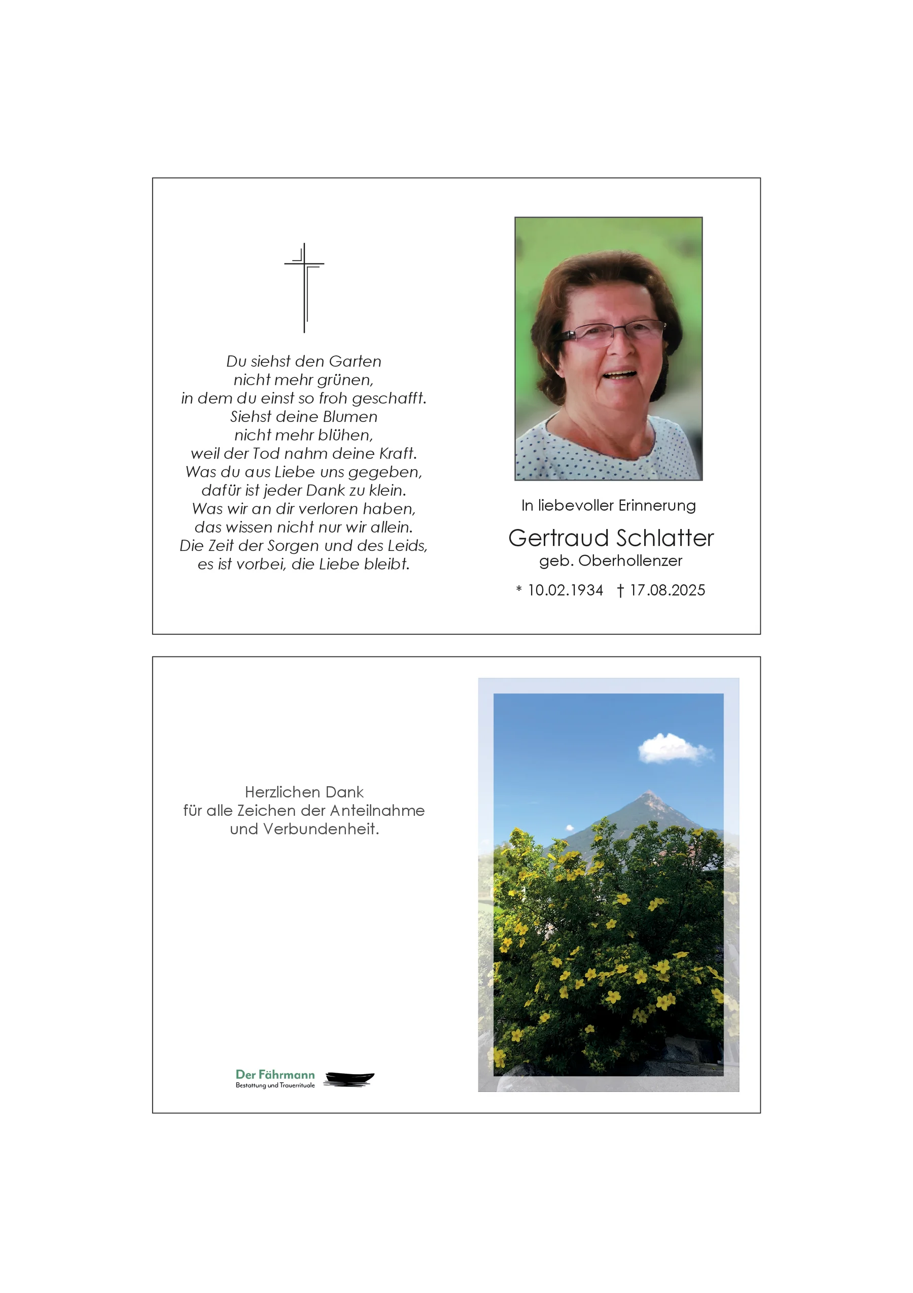 Sterbebild Gertraud Schlatter