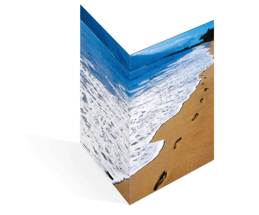 Sterbebildvorlage mit Fußabrdrücken am Strand.