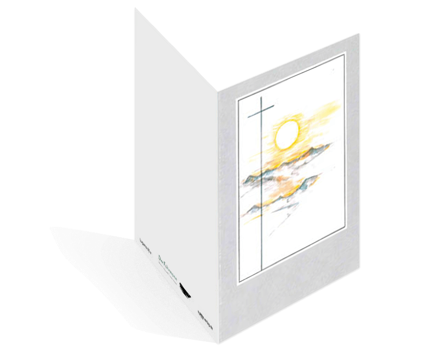 Sterbebildvorlage mit einer Aquarellmalerei eines Kreuzes und Berge mit Sonne.