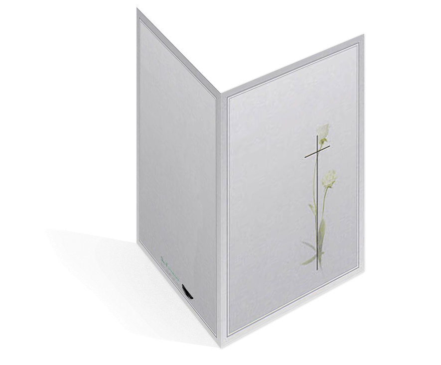 Sterbebildvorlage mit einem Kreuz und Rosen.