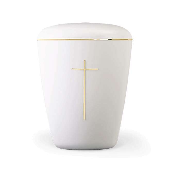Naturstoffurne cremeweiß mit Goldkreuz